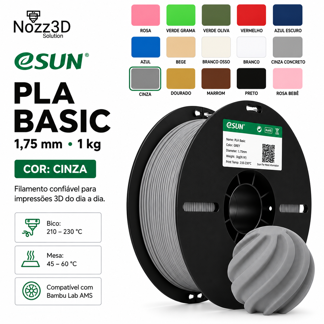 FILAMENTO ESUN PLA BASIC 1,75MM ROLO 1KG